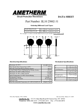 SL1025002-31-A Datasheet PDF AMETHERM Circuit Protection Thermistors