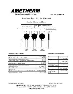 SL154R008-03-A Datasheet PDF AMETHERM Circuit Protection Thermistors