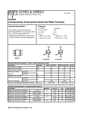 AO4604 Datasheet PDF Alpha and Omega Semiconductor