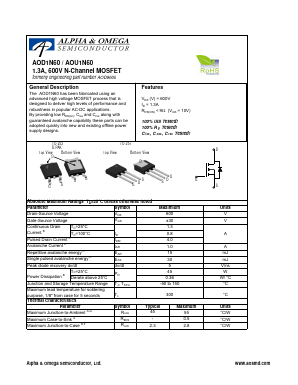 AOD1N60 Datasheet PDF Alpha and Omega Semiconductor