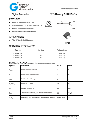 DTC114TCA Datasheet PDF Galaxy Semi-Conductor