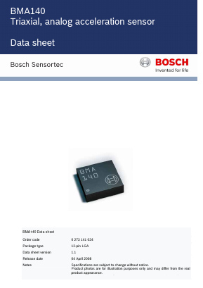 BMA140 Datasheet PDF Bosch Sensortec GmbH
