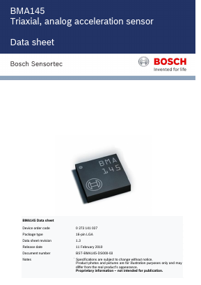 BMA145 Datasheet PDF Bosch Sensortec GmbH