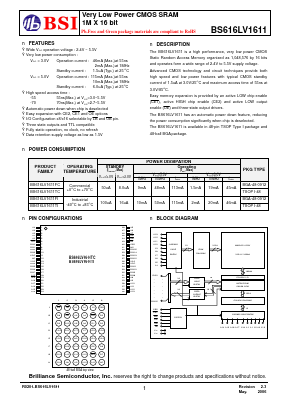 BS616LV1611TIG70 Datasheet PDF Brilliance Semiconductor