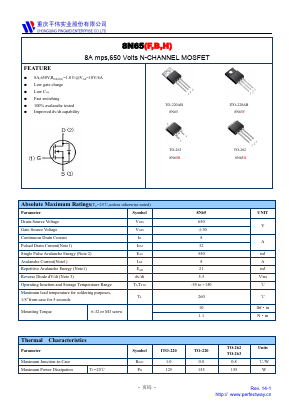8N65F Datasheet PDF CHONGQING PINGYANG ELECTRONICS CO.,LTD