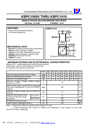 KBPC1002 Datasheet PDF CHONGQING PINGYANG ELECTRONICS CO.,LTD
