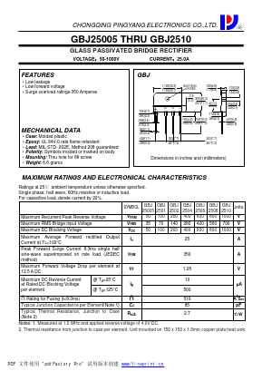 GBJ25005 Datasheet PDF CHONGQING PINGYANG ELECTRONICS CO.,LTD