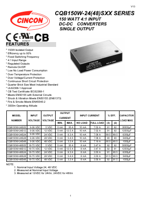 CQB150W-24S48 Datasheet PDF CINCON ELECTRONICS Corporation