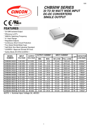 CHB50W Datasheet PDF CINCON ELECTRONICS Corporation