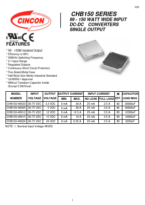 CHB150-48S05 Datasheet PDF CINCON ELECTRONICS Corporation