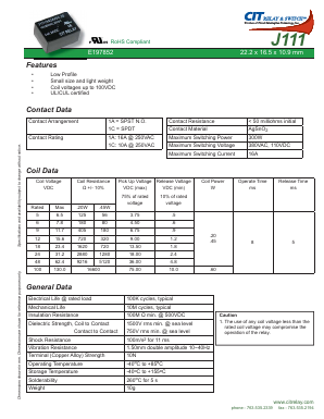 J1111CS24VDC Datasheet PDF CIT Relay and Switch