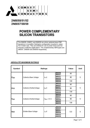 2N6050 Datasheet PDF Comset Semiconductors