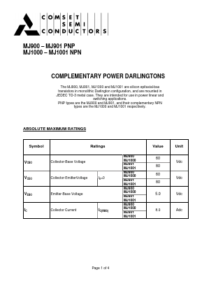 MJ1000 Datasheet PDF Comset Semiconductors