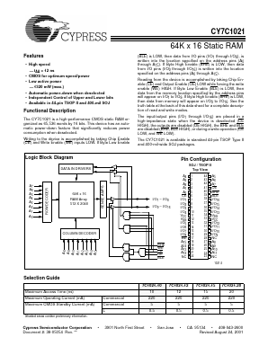CY7C1021-10ZC Datasheet PDF Cypress Semiconductor