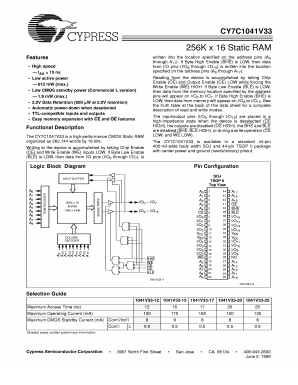 CY7C1041V33L-20ZC Datasheet PDF Cypress Semiconductor