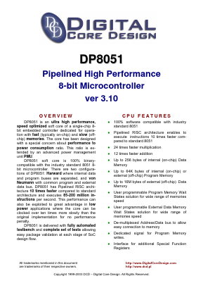 DP8051CPU Datasheet PDF Digital Core Design