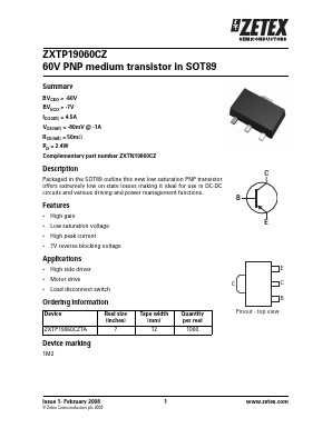 ZXTP19060CZ Datasheet PDF Diodes Incorporated.