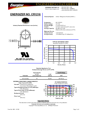 CR1216 Datasheet PDF Energizer