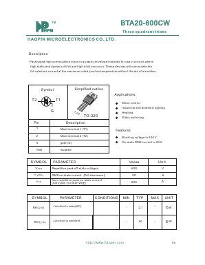 BTA20-600CW Datasheet PDF HAOPIN MICROELECTRONICS CO.,LTD