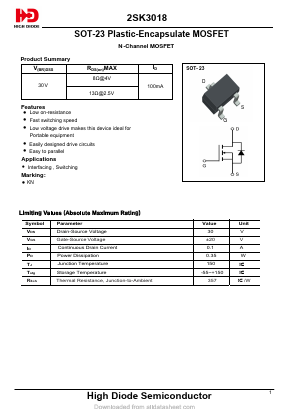 2SK3018 Datasheet PDF Jiangsu High diode Semiconductor Co., Ltd
