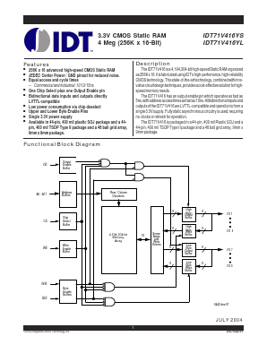IDT71V416YS Datasheet PDF Integrated Device Technology