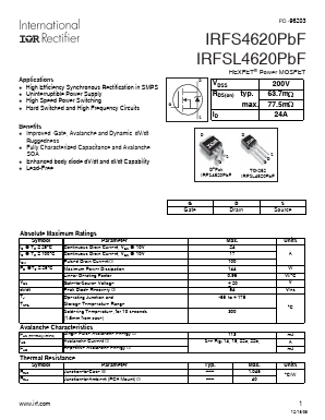 IRFSL4620PBF Datasheet PDF International Rectifier