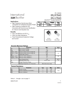 IRLU7843 Datasheet PDF International Rectifier