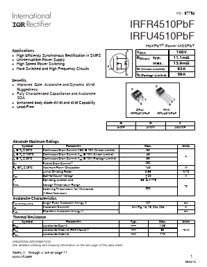 IRFR4510PBF Datasheet PDF International Rectifier