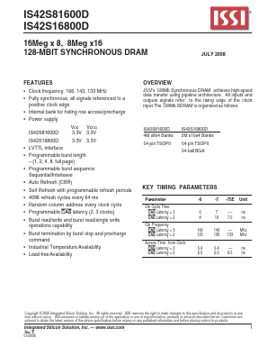 IS42S81600D-7TLI Datasheet PDF Integrated Silicon Solution