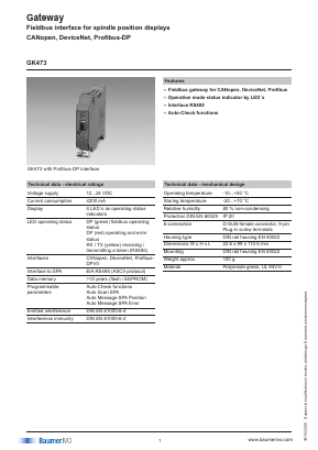 GK473.0075PD3 Datasheet PDF Baumer IVO GmbH & Co. KG