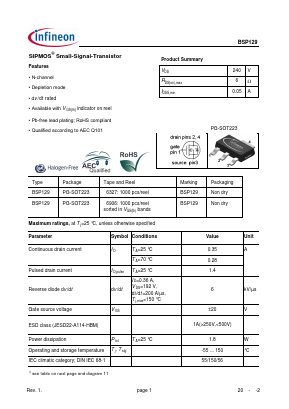 BSP129H6906 Datasheet PDF Infineon Technologies