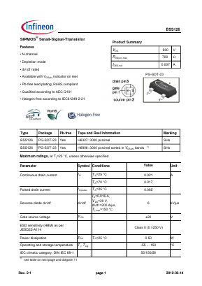 BSS126 Datasheet PDF Infineon Technologies
