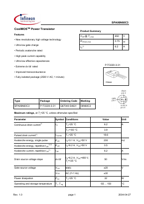 SPA06N60C3 Datasheet PDF Infineon Technologies