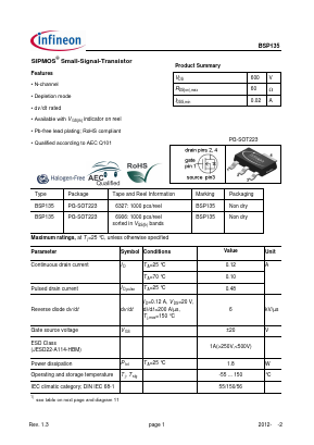 BSP135H6906 Datasheet PDF Infineon Technologies