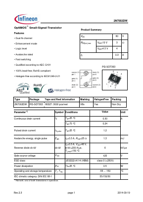 2N7002DW Datasheet PDF Infineon Technologies