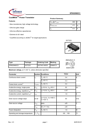 SPN02N60C3E6433 Datasheet PDF Infineon Technologies