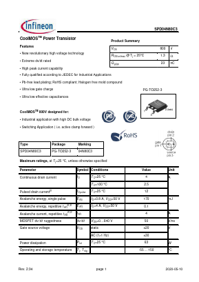 04N80C3 Datasheet PDF Infineon Technologies