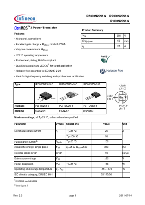 IPP600N25N3G Datasheet PDF Infineon Technologies