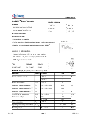 IPA50R140CP Datasheet PDF Infineon Technologies