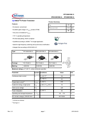 IPP126N10N3G Datasheet PDF Infineon Technologies