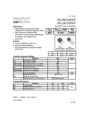 IRLR8743PBF Datasheet PDF Infineon Technologies