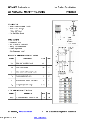 2SK1803 Datasheet PDF Inchange Semiconductor