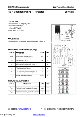 2SK1217 Datasheet PDF Inchange Semiconductor