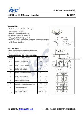 2SD867 Datasheet PDF Inchange Semiconductor