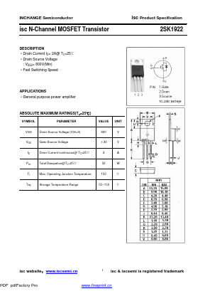 2SK1922 Datasheet PDF Inchange Semiconductor