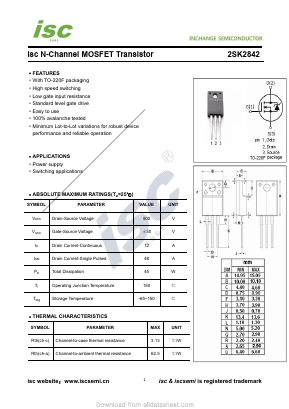 2SK2842 Datasheet PDF Inchange Semiconductor