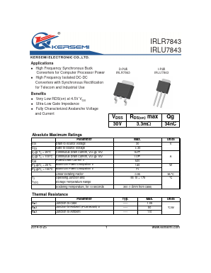 IRLU7843 Datasheet PDF Kersemi Electronic Co., Ltd.