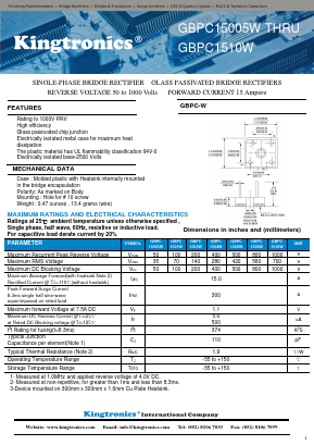 GBPC1508W Datasheet PDF Kingtronics International Company