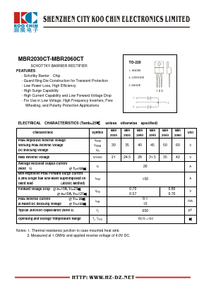 MBR2030CT Datasheet PDF SHENZHEN KOO CHIN ELECTRONICS CO., LTD.