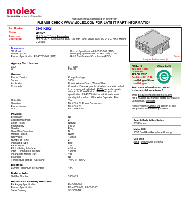 39-01-2021 Datasheet PDF Molex Connectors